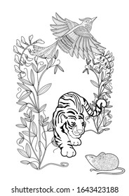 Colouring pictures with tiger. Antistress freehand sketch drawing with doodle and zentangle elements.