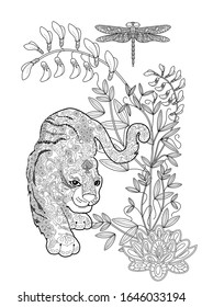 Colouring pictures with tiger. Antistress freehand sketch drawing with doodle and zentangle elements.