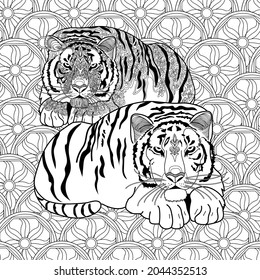 Colouring pictures with tiger. Antistress freehand sketch drawing with doodle and zentangle elements. Рictures are ideal for creating wallpaper, labels, crafts and other projects.