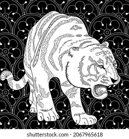 Colouring pictures with tiger. Antistress freehand sketch drawing with doodle and zentangle elements. Рictures are ideal for creating wallpaper, labels, crafts and other projects.
