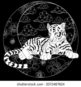 Colouring pictures with tiger. Antistress freehand sketch drawing with doodle and zentangle elements. Рictures are ideal for creating wallpaper, labels, crafts and other projects.