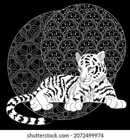 Colouring pictures with tiger. Antistress freehand sketch drawing with doodle and zentangle elements. Рictures are ideal for creating wallpaper, labels, crafts and other projects.