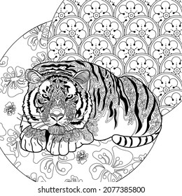 Colouring pictures with tiger. Antistress freehand sketch drawing with doodle and zentangle elements. Рictures are ideal for creating wallpaper, labels, crafts and other projects.