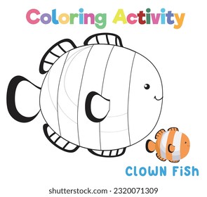 Colouring the sea life a cute clownfish. Coloring sea animals worksheet. Coloring activity for preschool and kindergarten children. Printable educational printable coloring worksheet. Vector file.