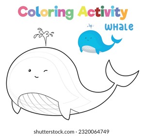 Colouring the sea life a cute whale. Coloring sea animals worksheet. Coloring activity for preschool and kindergarten children. Printable educational printable coloring worksheet. Vector file.