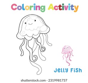 Colouring the sea life a jellyfish. Coloring sea animals worksheet. Coloring activity for preschool and kindergarten children. Printable educational printable coloring worksheet. Vector file.