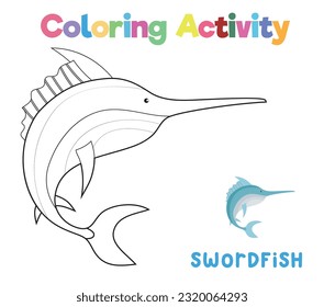 Colouring the sea life a swordfish. Coloring sea animals worksheet. Coloring activity for preschool and kindergarten children. Printable educational printable coloring worksheet. Vector file.