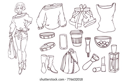 Colouring with sketh fashion vector illustration. Girl and her favorite things on white background. Children's arts drawing game. Entertainment for children. Page art sketchbook. 