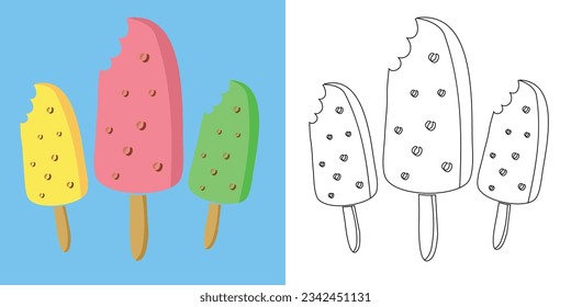 Colouring various flavors of ice cream. Easy coloring page summer edition. Fun activity for kids. Educational printable coloring worksheet. Coloring activity for children. Vector illustration.