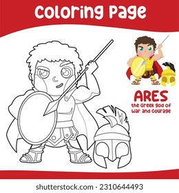 Colouring worksheet of Ares the god of war Ancient Greece mythology. Greek deity theme elements. Coloring page activity for kids. Vector illustration file.