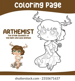 Colouring worksheet of Arthemist goddess of the hunt and wildlife. Ancient Greece mythology. Greek deity theme elements. Coloring page activity for kids. Vector illustration file.