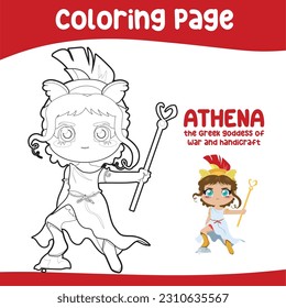 Colouring worksheet of Athena the goddess of war and handicraft. Ancient Greece mythology. Greek deity theme elements. Coloring page activity for kids. Vector illustration file.