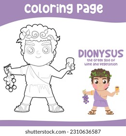 Colouring worksheet of Dionysus the god of wine and vegetation. Ancient Greece mythology. Greek deity theme elements. Coloring page activity for kids. Vector illustration file.