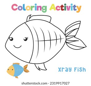Colorando el pez de rayos X. Actividades de coloración para niños en edad preescolar y preescolar. Hoja de trabajo de coloreado imprimible para educación. Archivo de ilustración del vector.