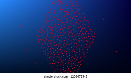 Colours of American Flag. USA Independence Day.  Red, Blue and White Stars on Blue Gradient Background. Abstract Background with Many Random Falling Stars Confetti on Blue Background. 
