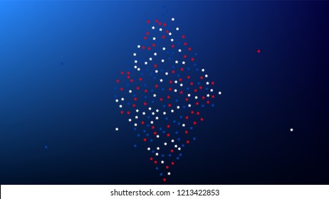 Colours of American Flag. USA Independence Day.  Red, Blue and White Stars on Blue Gradient Background. Abstract Background with Many Random Falling Stars Confetti on Blue Background. 