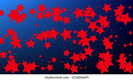 Colours of American Flag. USA Independence Day.  . Abstract Background with Many Random Falling Stars Confetti on Blue Background. 