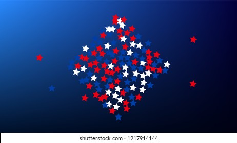 Colours of American Flag. USA Independence Day.  Red, Blue and White Stars on Blue Gradient Background. Invitation Background. Banner, Christmas and New Year card, Postcard, Packaging, Textile Print.