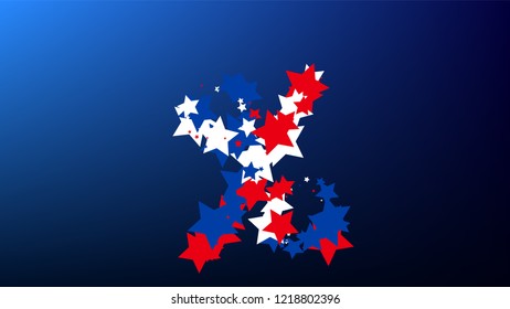 Colours of American Flag. USA Independence Day.  . Abstract Background with Many Random Falling Stars Confetti on Blue Background. 