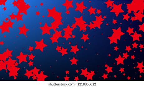 Colours of American Flag. USA Independence Day.  . Abstract Background with Many Random Falling Stars Confetti on Blue Background. 