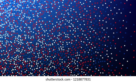 Colours of American Flag. USA Independence Day.  Red, Blue and White Stars on Blue Gradient Background. Invitation Background. Banner, Christmas and New Year card, Postcard, Packaging, Textile Print.