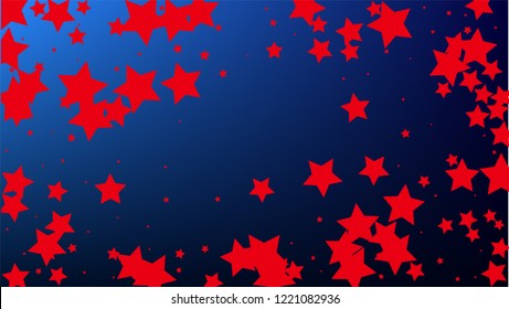 Colours of American Flag. USA Independence Day.  Red, Blue and White Stars on Blue Gradient Background. Invitation Background. Banner, Christmas and New Year card, Postcard, Packaging, Textile Print.