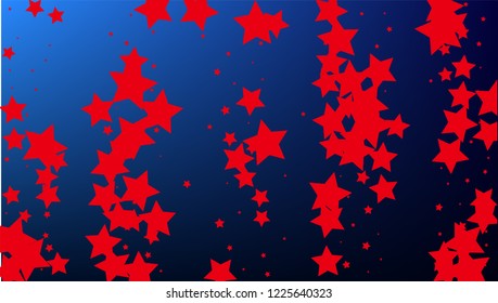 Colours of American Flag. USA Independence Day.  . Abstract Background with Many Random Falling Stars Confetti on Blue Background. 