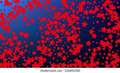 Colours of American Flag. USA Independence Day.  Red, Blue and White Stars on Blue Gradient Background. Abstract Background with Many Random Falling Stars Confetti on Blue Background. 