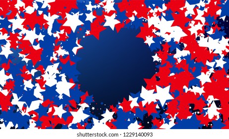 Colours of American Flag. USA Independence Day.  . Abstract Background with Many Random Falling Stars Confetti on Blue Background. 