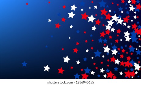 Colours of American Flag. USA Independence Day.  Red, Blue and White Stars on Blue Gradient Background. Invitation Background. Banner, Christmas and New Year card, Postcard, Packaging, Textile Print.