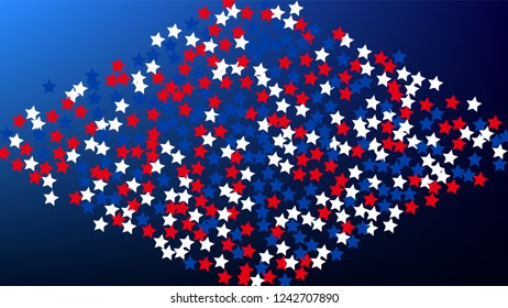 Colours of American Flag. USA Independence Day.  . Abstract Background with Many Random Falling Stars Confetti on Blue Background. 