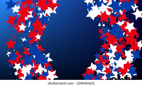 Colours of American Flag. USA Independence Day.  . Abstract Background with Many Random Falling Stars Confetti on Blue Background. 