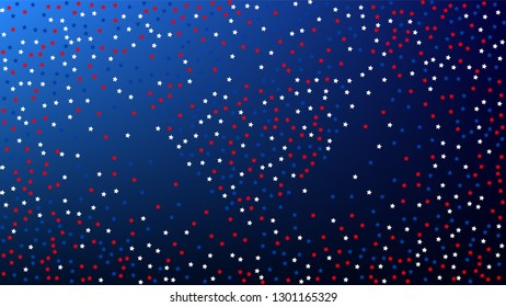 Colours of American Flag. USA Independence Day.  . Abstract Background with Many Random Falling Stars Confetti on Blue Background. 