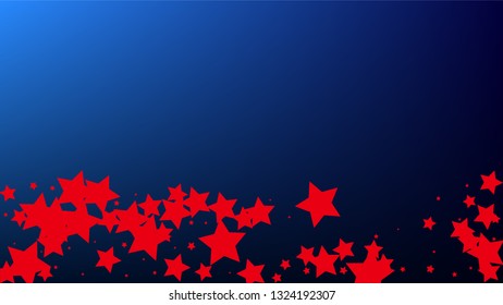 Colours of American Flag. USA Independence Day.  Red, Blue and White Stars on Blue Gradient Background. Invitation Background. Banner, Christmas and New Year card, Postcard, Packaging, Textile Print.