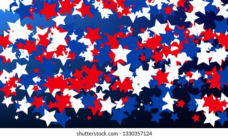 Colours of American Flag. USA Independence Day.  . Abstract Background with Many Random Falling Stars Confetti on Blue Background. 