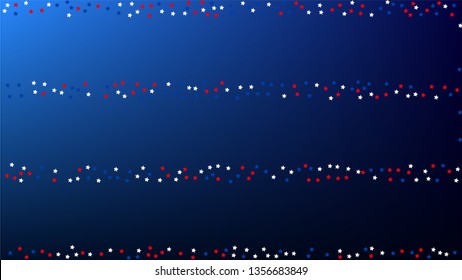 Colours of American Flag. USA Independence Day.  . Abstract Background with Many Random Falling Stars Confetti on Blue Background. 