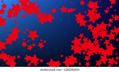 Colours of American Flag. USA Independence Day.  Red, Blue and White Stars on Blue Gradient Background. Invitation Background. Banner, Christmas and New Year card, Postcard, Packaging, Textile Print.