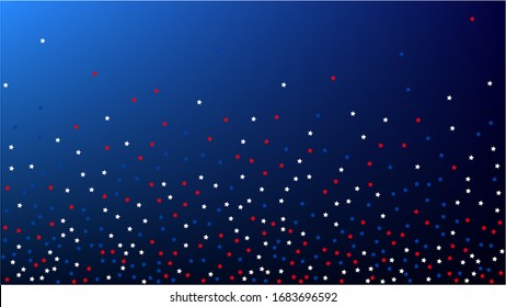 Colours of American Flag. USA Independence Day.  Red, Blue and White Stars on Blue Gradient Background. Invitation Background. Banner, Christmas and New Year card, Postcard, Packaging, Textile Print.