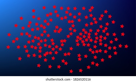 Colours of American Flag. USA Independence Day.  Red, Blue and White Stars on Blue Gradient Background. Abstract Background with Many Random Falling Stars Confetti on Blue Background. 