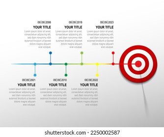 La línea de colores golpeó el tablero rojo con infografía. línea de tiempo de destino de izquierda a derecha. Gráfico de datos empresariales, objetivo de inversión, desafío de marketing, presentación de estrategias, diagrama de logros. plantilla vectorial.