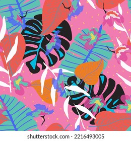 Colours Monstera Exotic Vector Seamless Pattern. White Floral Plant Illustration. Beautiful Flowers Hawaiian Typography. Blue Spring Palm Design.