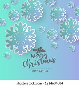 Colours paper cut of vector snowflake on gradient colours ornate background with merry christmas phase text
