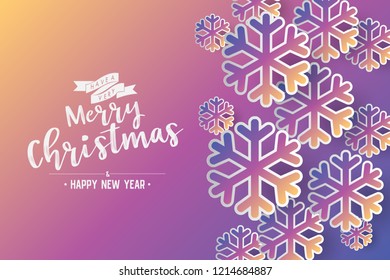 Colours paper cut of vector snowflake on gradient colours ornate background with merry christmas phase text