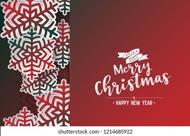 Colours paper cut of vector snowflake on gradient colours ornate background with merry christmas phase text