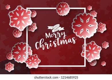 Colours paper cut of vector snowflake on gradient colours ornate background with merry christmas phase text