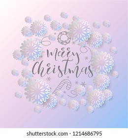 Colours paper cut of vector snowflake on gradient colours ornate background with merry christmas phase text