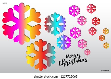 Colours paper cut of vector snowflake on gradient colours ornate background with merry christmas phase text