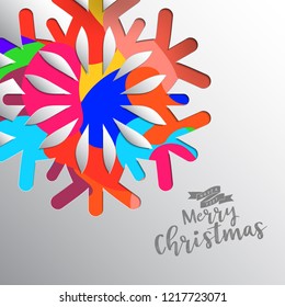 Colours paper cut of vector snowflake on gradient colours ornate background with merry christmas phase text