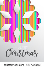 Colours paper cut of vector snowflake on gradient colours ornate background with merry christmas phase text