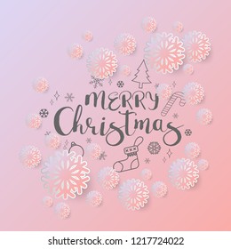 Colours paper cut of vector snowflake on gradient colours ornate background with merry christmas phase text
